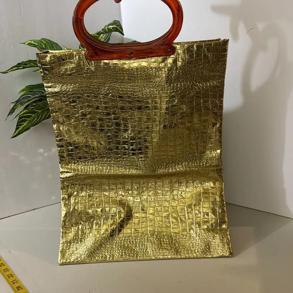 Vintage Gold Faux Croc Handbag with Amber Lucite Handle | Retro Glam Purse | Sta